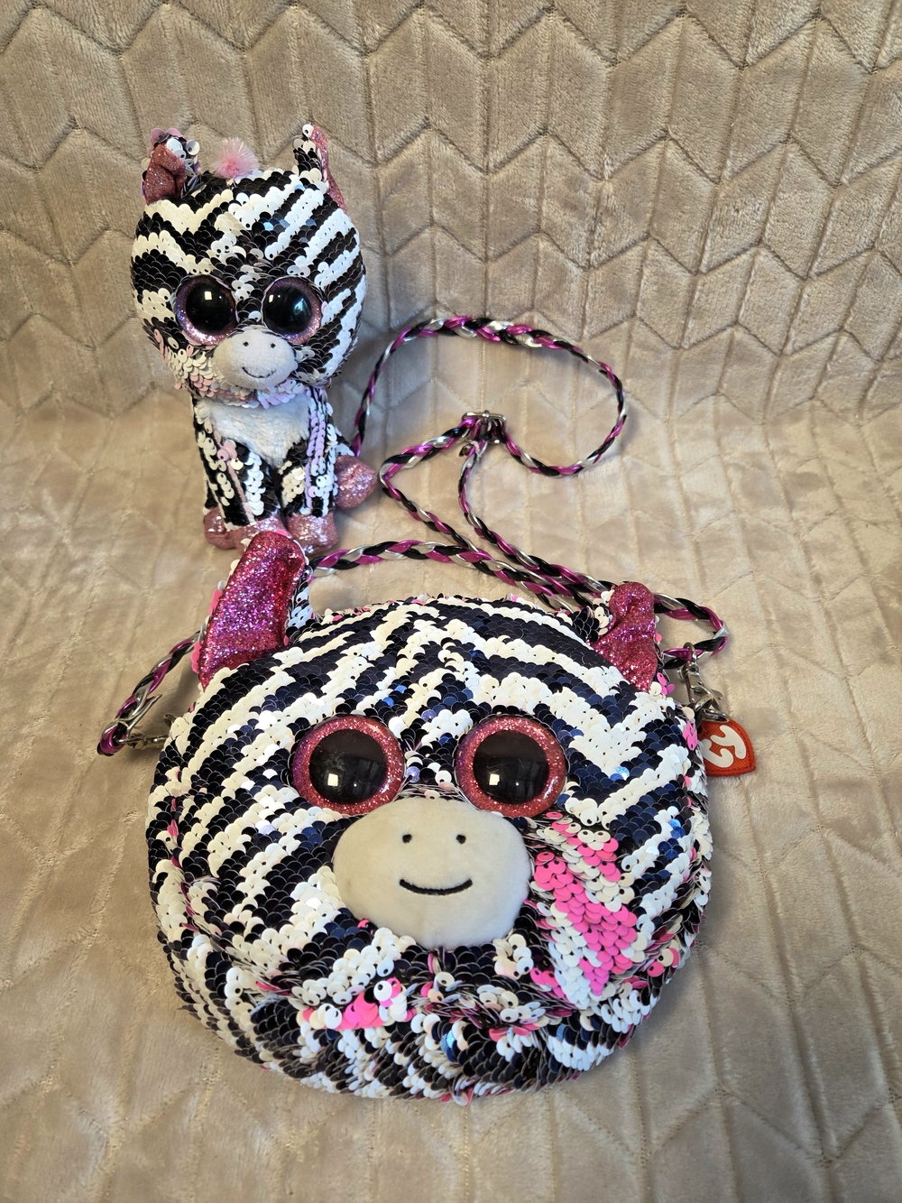 Ty Sequin Zebra Crossbody Bag & Mini Plush - Black, White & Pink